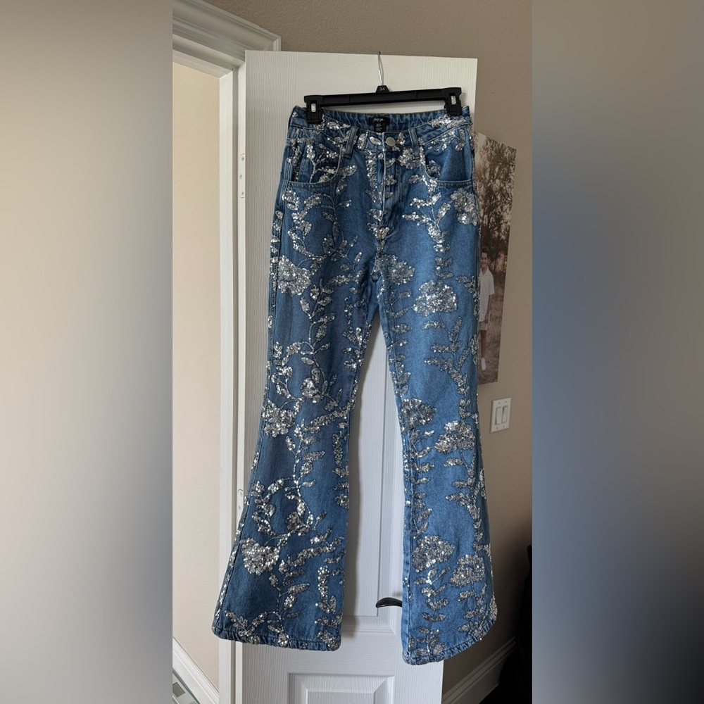 Nasty Gal Blue Floral Sequin Flare Jeans